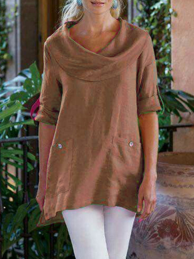 Pockets Long Sleeve Cowl Neck Cotton-Blend Shirt