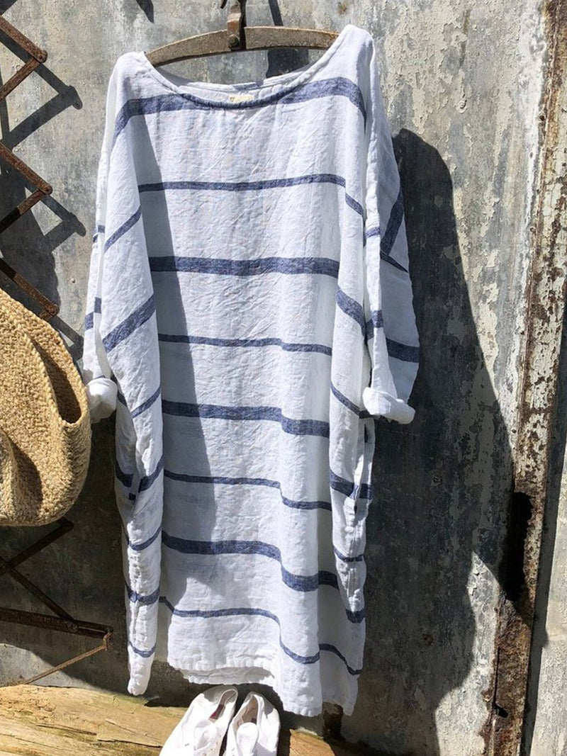 Women Summer Loose Newport Nautical Stripe Soft Linen Dresses