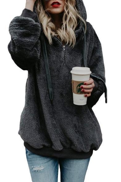 Women Simple Long Sleeve Half Zip Front Plain Oversize Faux Fur Hoodie