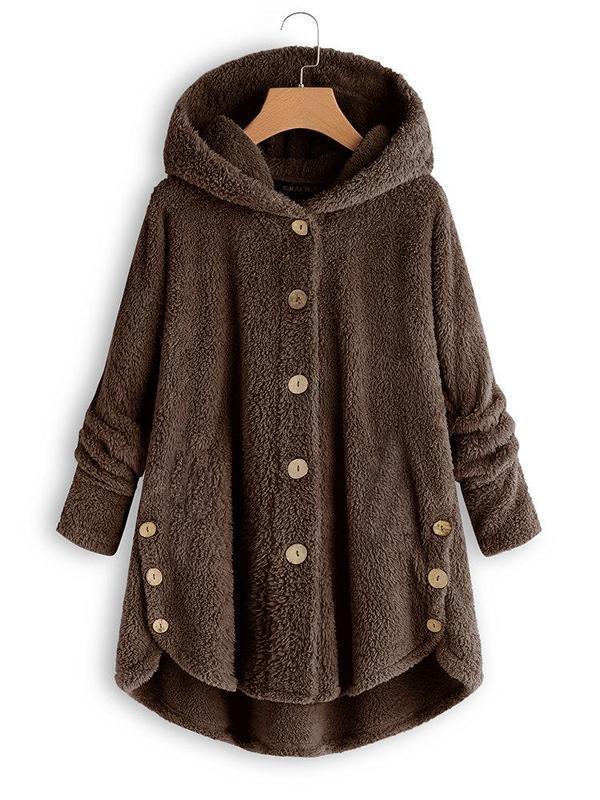 Women Fleece Hooded Asymmetrical Hem Button Coat