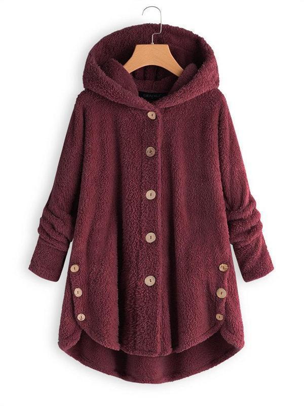 Women Fleece Hooded Asymmetrical Hem Button Coat