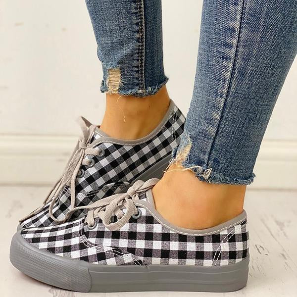 Women Casual Plaid Insert Lace-Up Casual Sneakers