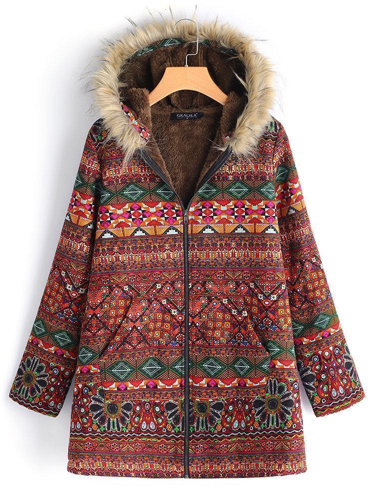 Women Ethnic Printed Faux Fur Hooded Fleece Autumn Winter Coat