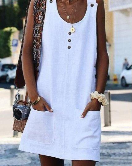 White Crew Neck Buttoned Cotton-Blend Sleeveless Dresses