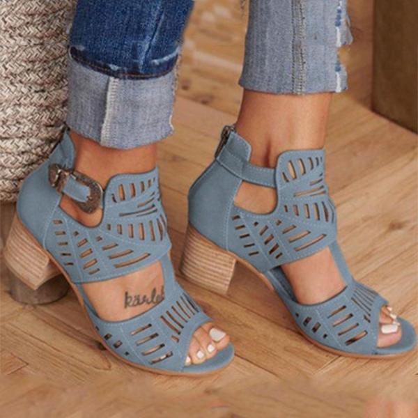 Women Artificial Leather Chunky Heel Adjustable Buckle Sandals Casual Shoes