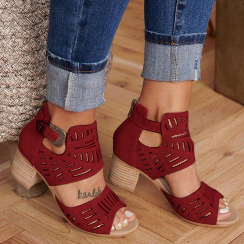 Women Artificial Leather Chunky Heel Adjustable Buckle Sandals Casual Shoes