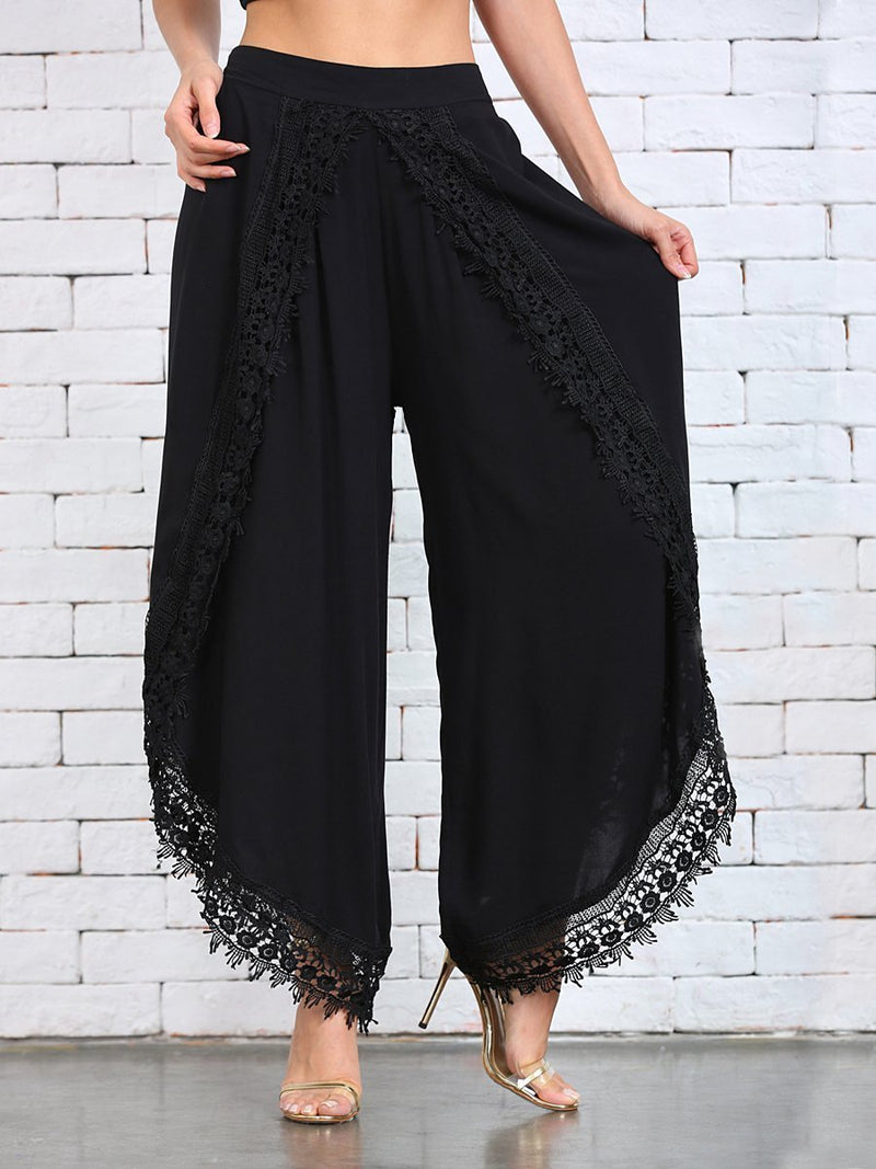 Womens Black Lace-Trim Tulip Pants